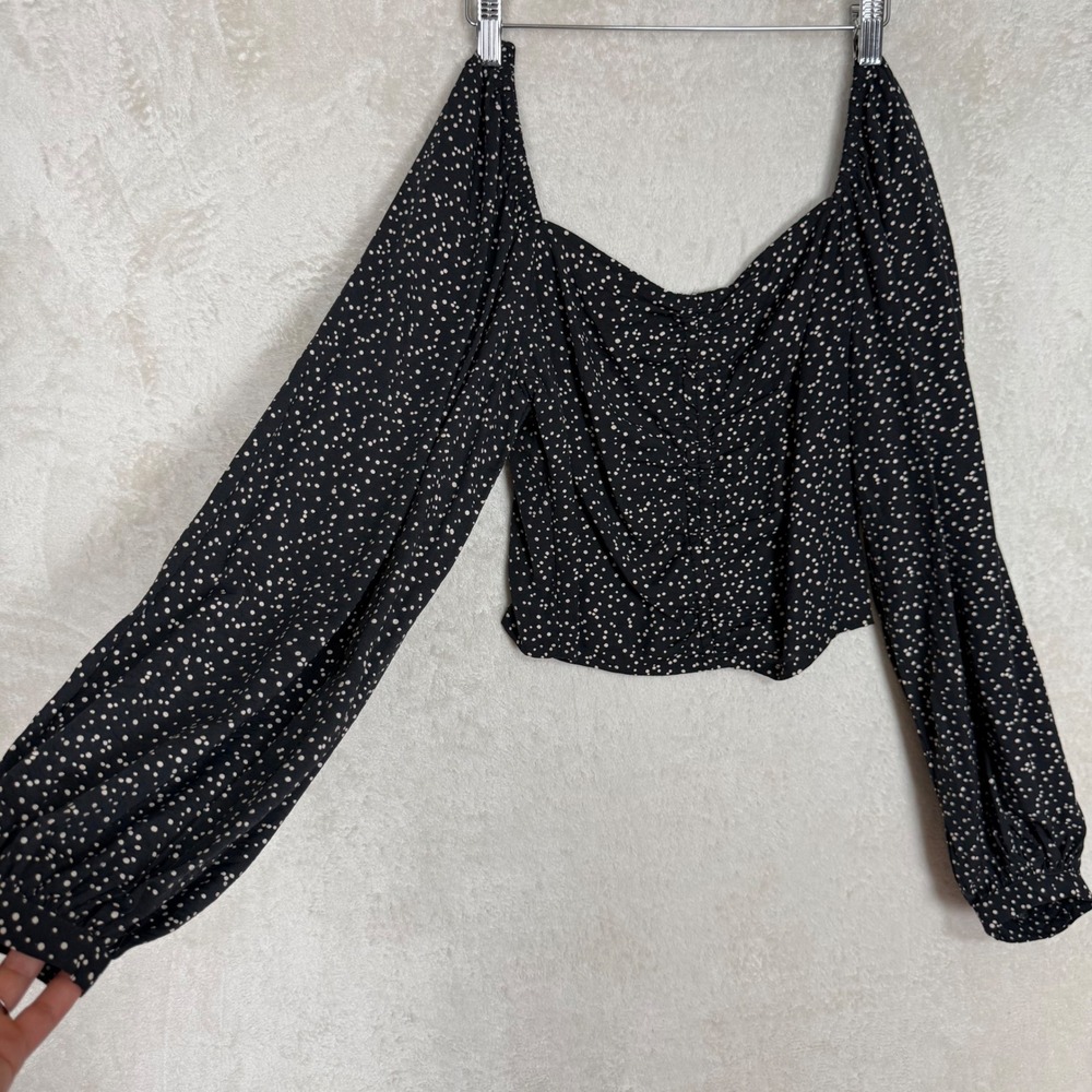 Black Polka Dot Puff Sleeve Crop Top Ruched Front Flowy Romantic Chic Size M